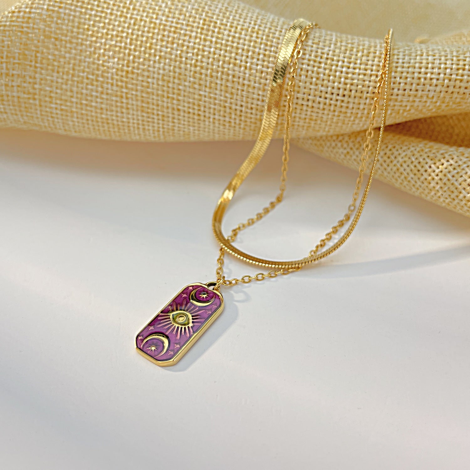 Wholesale Double Layer Titanium Steel Purple Star and Moon Stainless Steel Devil Eye Necklace